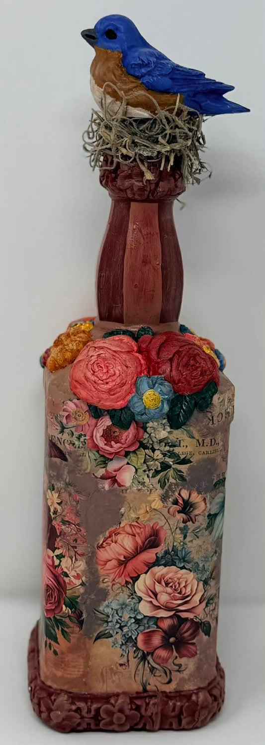 Spring Bluebird Floral Decorative Bottle