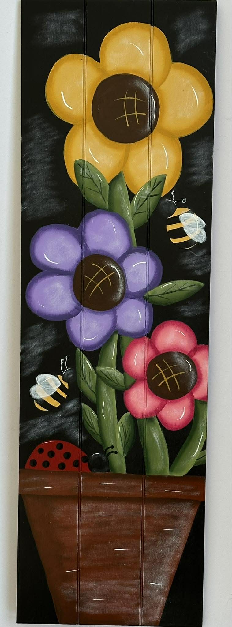 Hand-Painted Flower Pot Wooden Panel Wall Art