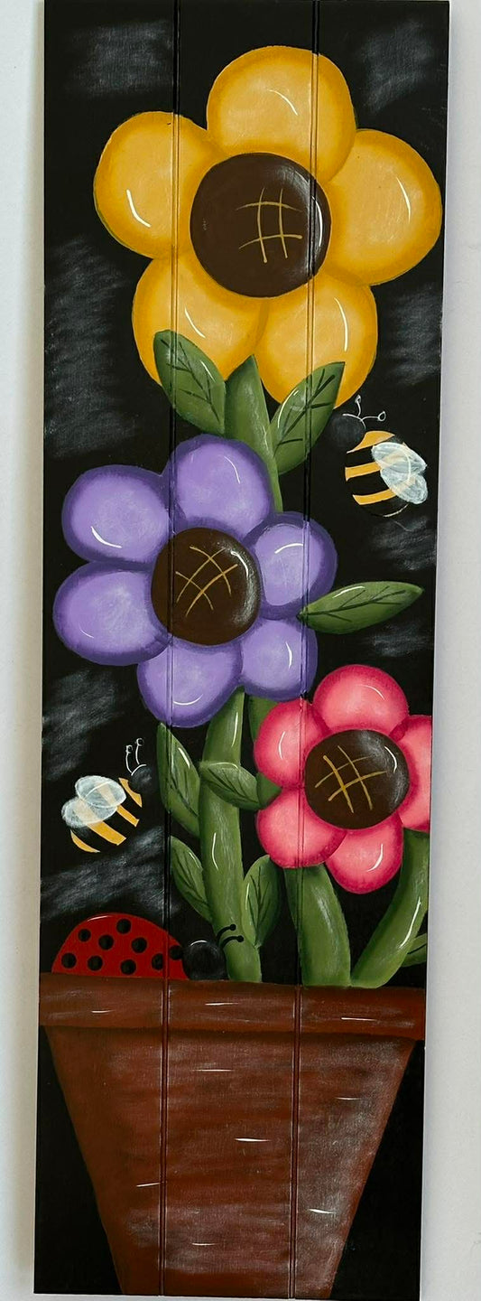 Hand-Painted Flower Pot Wooden Panel Wall Art
