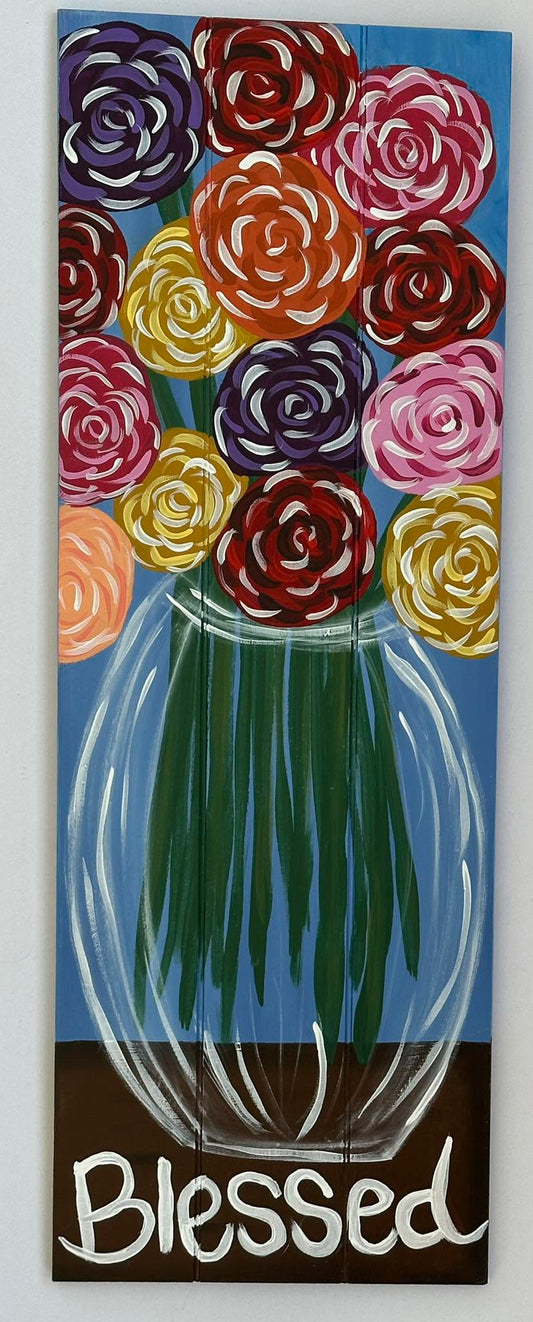 Hand-Painted “Blessed” Floral Vase Wooden Wall Art